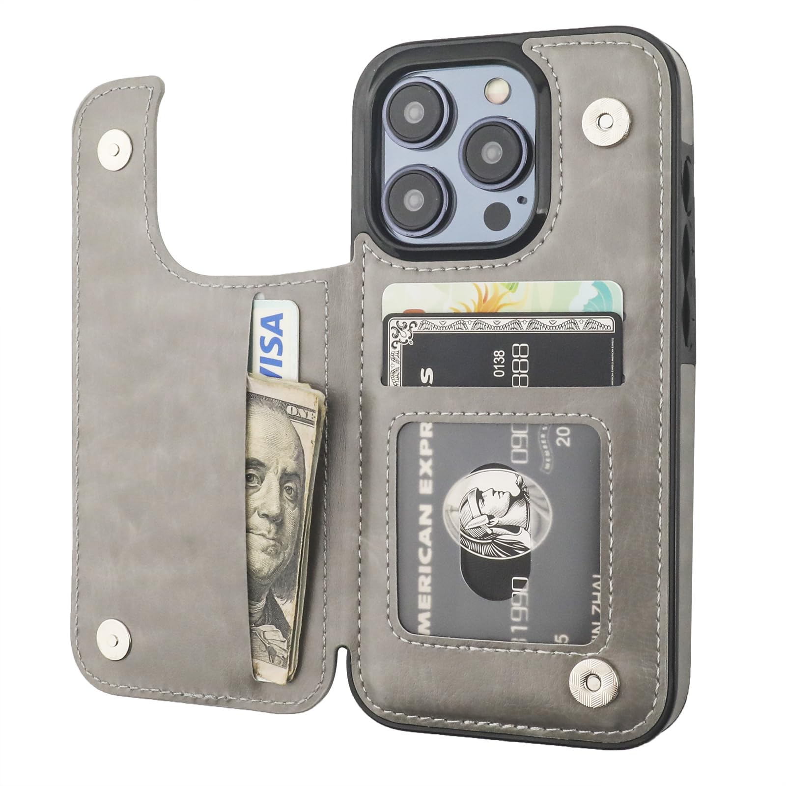 Étui portefeuille compatible avec iPhone 15 Pro ONETOP gris avec béquille - 7