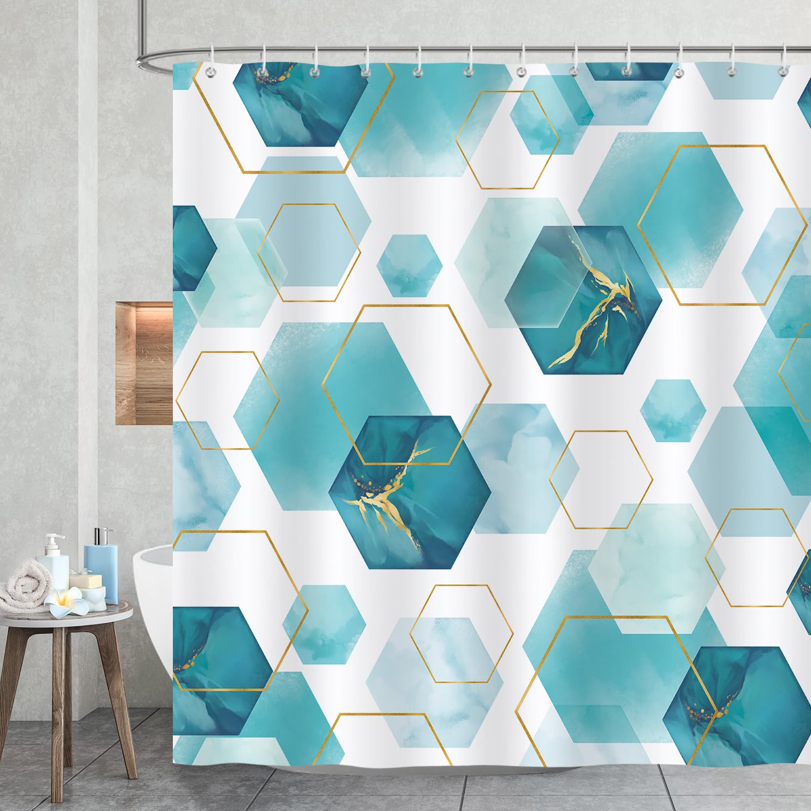 Bonhause Teal Modern Geometric Shower Curtain, Abstract Golden Marble Lines Bathroom Curtain 180 x 180 cm Waterproof Mildew and Mould Resistant Polyester Fabric Bath Curtain with 12 Hooks