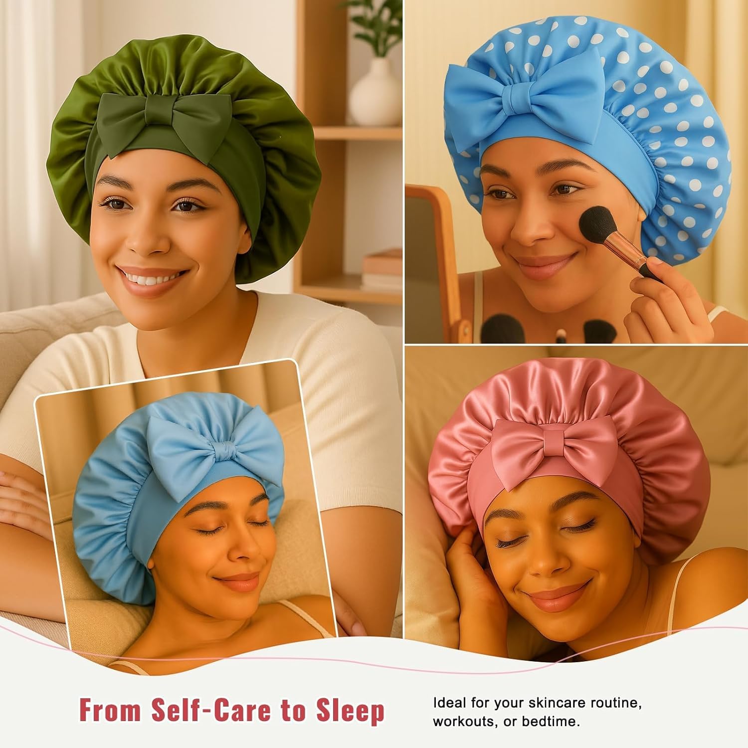 Silk Satin Hair Bonnet with Strap for Sleeping, Double-Layer Sleep Cap for Women, Soft Lining Wrap for Curly Hair - Image 5