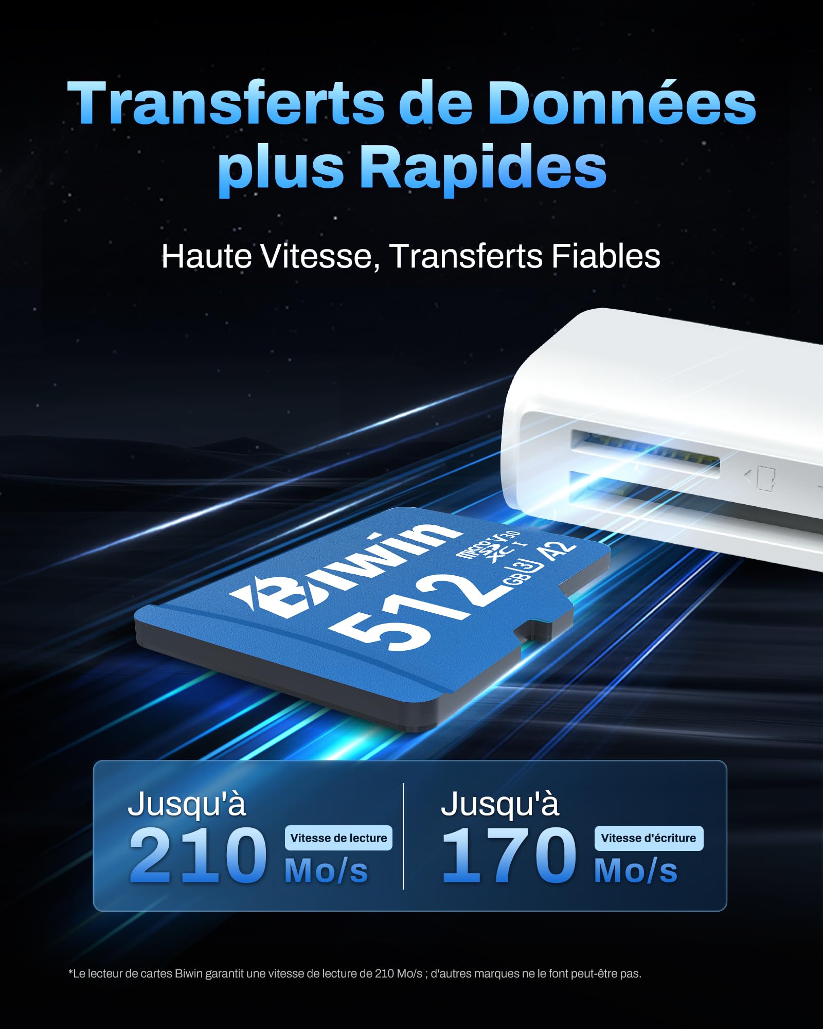 Carte Micro SDXC Biwin MS210, 512 Go, jusqu'à 210 Mo/s, UHS-I V30 4K UHD A2 U3. Compatible avec appareils Photo numériques, Smartphones, caméras d'action et Drones.