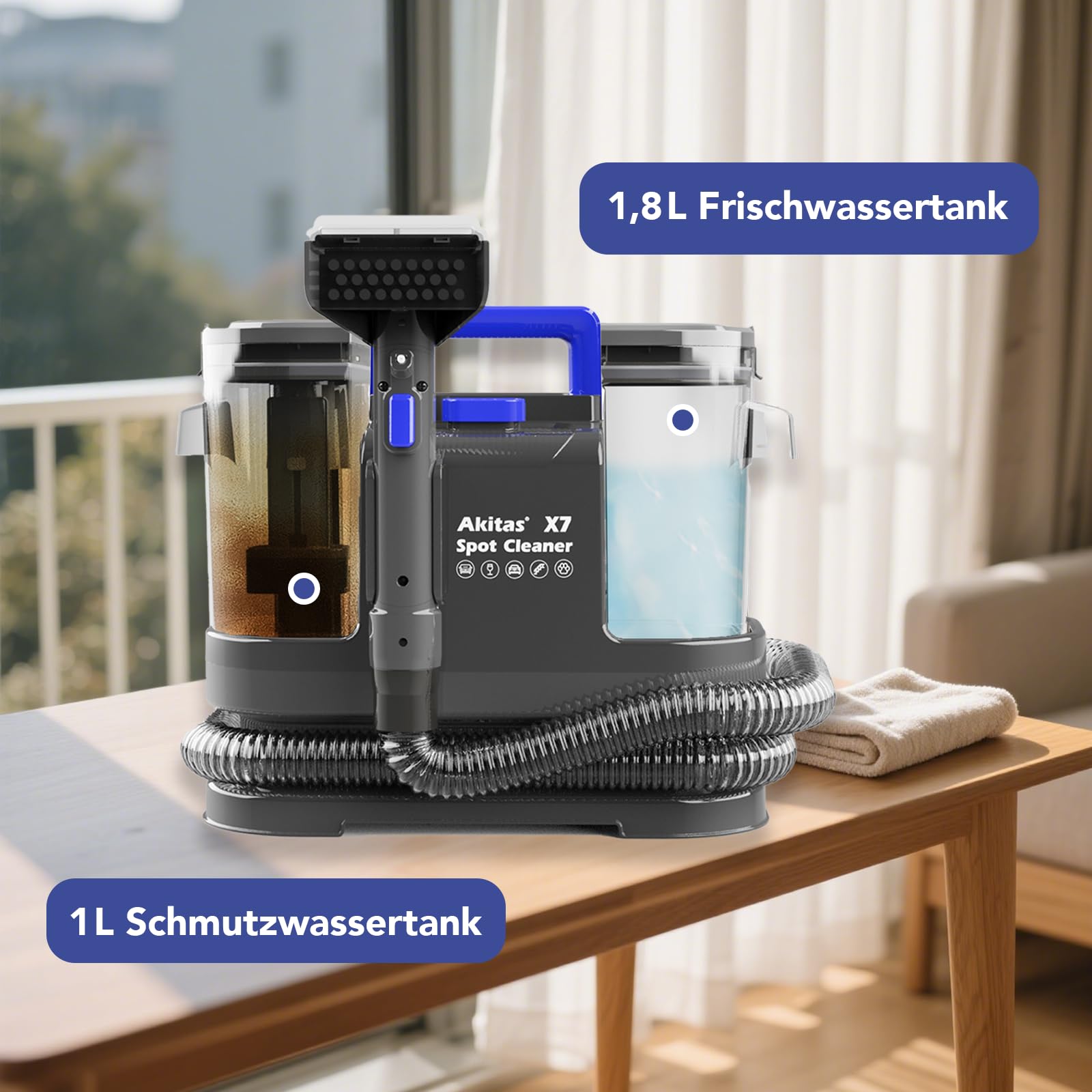 Akitas X7 600W Waschsauger, Polsterreiniger Gerät, 2-Tank Nasssauger, Selbstreinigung, Leicht für Tierflecken auf Sofas & Autositzen,Kompakt & Tragbar