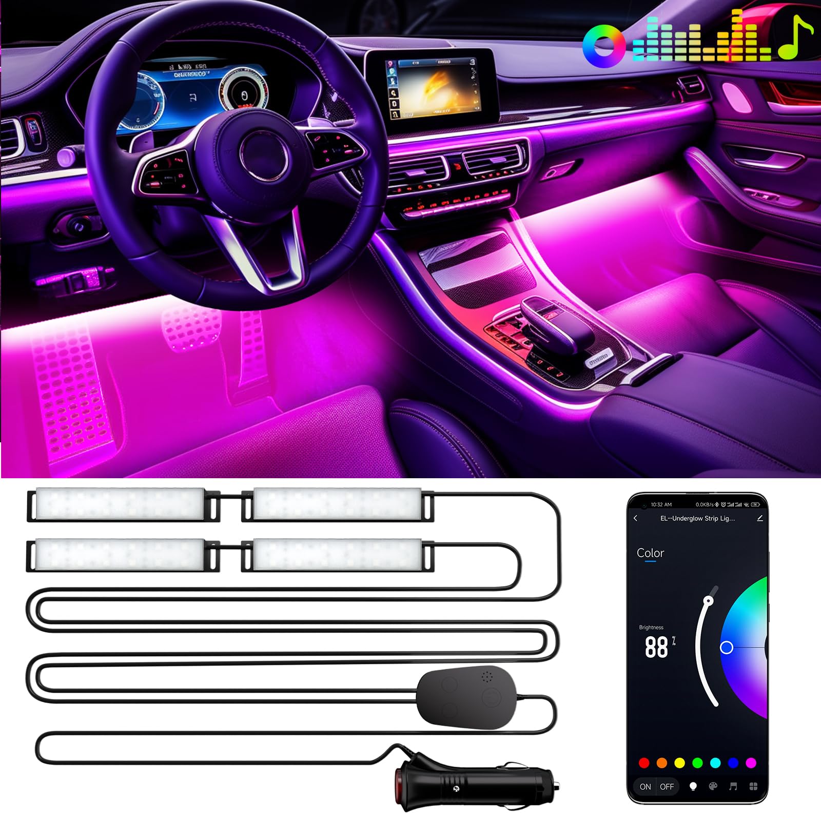 Neon Led Kit LED Ambiance Voiture RGB - Bande Lumineuse USB Avec Télécommande Et App - Synchronisation Musicale - 110cm + 35cm Led Intérieur Voiture Norauto