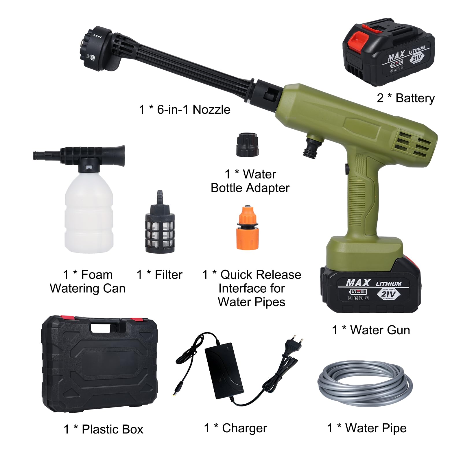 Elektrische Wasserpistole, kabelloser Hochdruckreiniger, 2 Stück, 21 V, 3000 mAh Akku, mit 6-in-1-Düse für Autos, Wände, Straßen, Zäune, Hofwäsche, Blumen gießen