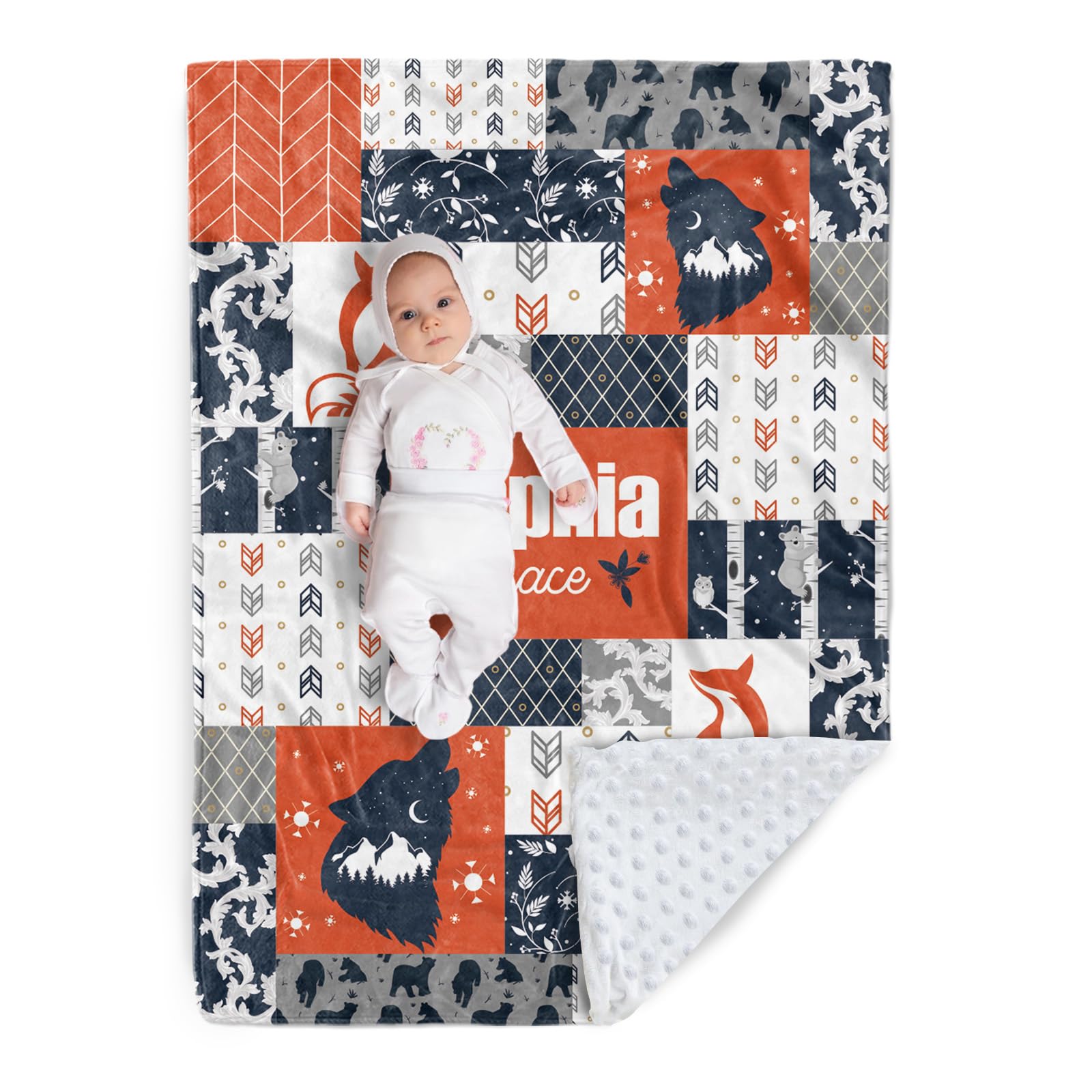 Manta personalizada para bebé, manta a cuadros con nombre personalizado con diseño de animales del bosque, manta de franela de felpa suave con respaldo de puntos de doble capa para niños y