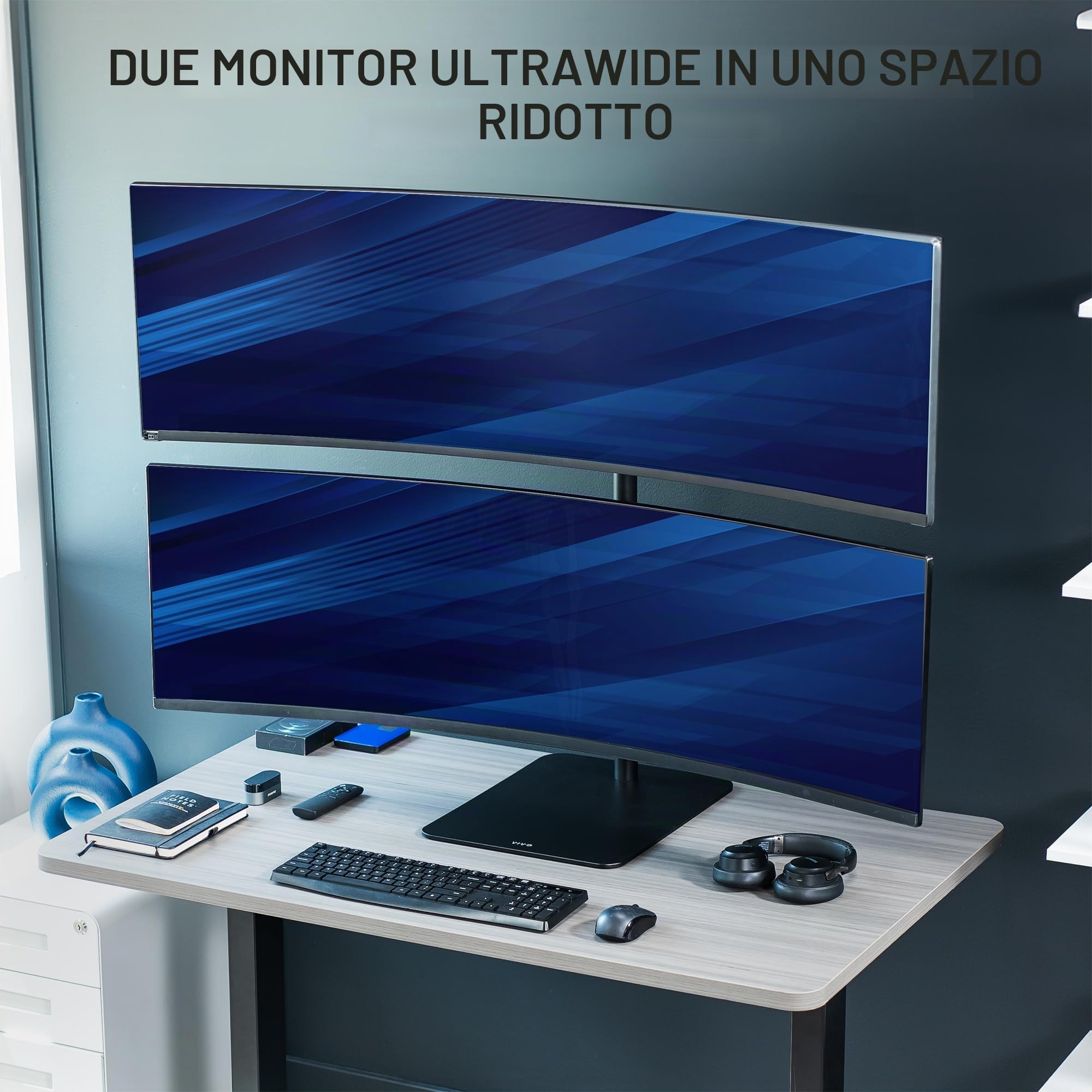 VIVO STAND-V202L STAND-V202L - Supporto da scrivania autoportante doppio verticale impilato per monitor ultra ampio, extra alto, resistente, regolabile, per 2 schermi fino a 49", capacità 20 kg per