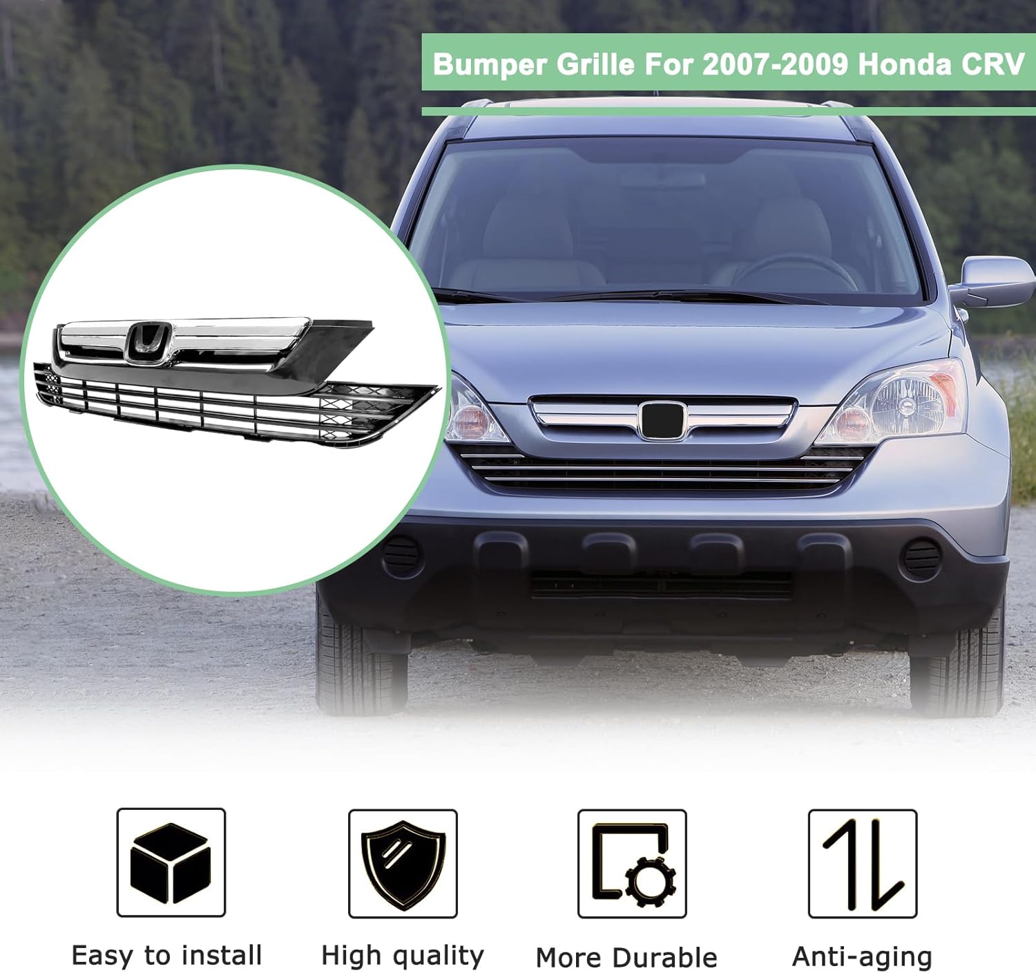 Upper Lower Bumper Grille Compatible for 2007 2008 2009 Honda CRV Glossy Black Mesh Grill