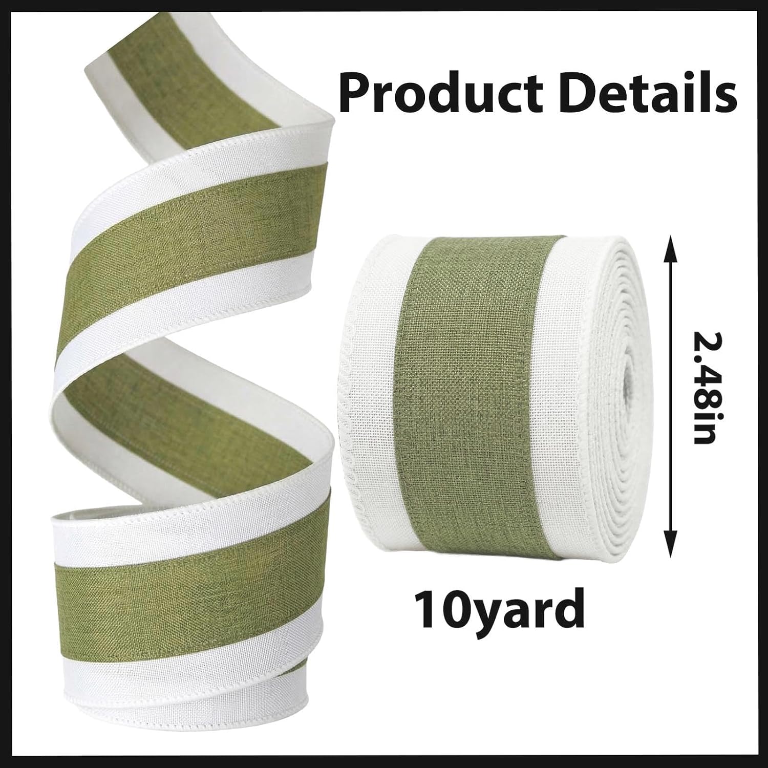2.5" X 10 Yards Green White Stripe Wired Ribbon, Cream Craft Ribbon for DIY Gift Wrapping Wreath Spring Holiday Christmas Tree Bow Decoration image 2
