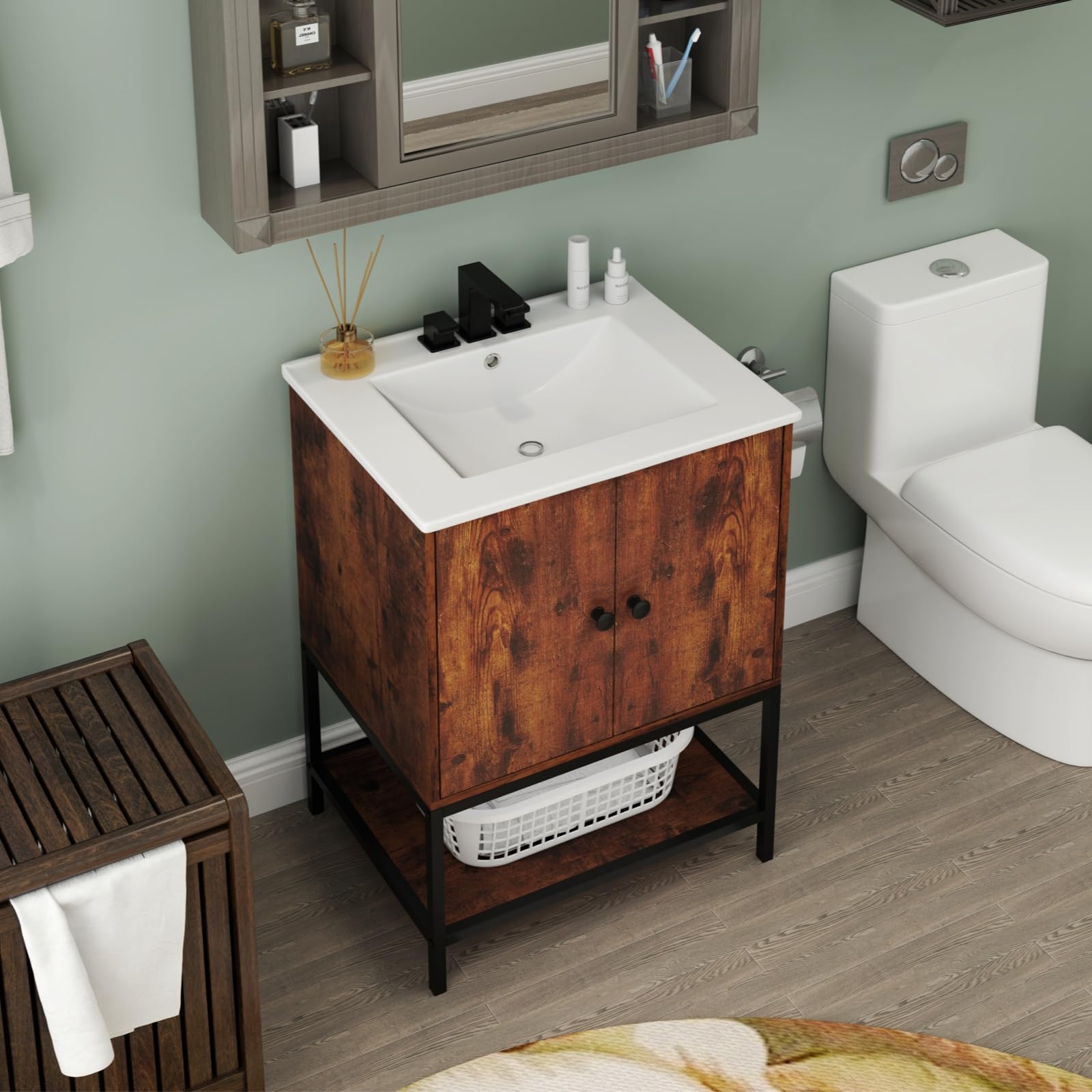 LIFEZEAL Meuble de Salle de Bain avec Lavabo, 61x46,5x87 Cm, Armoire de Salle de Bain avec Vasque en Céramique, Meuble WC Rangement avec Cadre en Fer, Vintage Brown