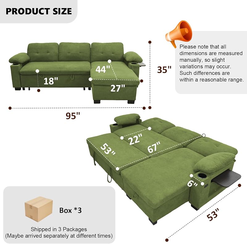 KCGKCG 93" L Shaped Sleeper Sofa Bed, Pull Out Couch Bed with Storage Chaise/Reclining Backrest, Sectional Couches for Living Room with USB Port, Foldable Table, Cup Holder, Side Pocket, Green image 2