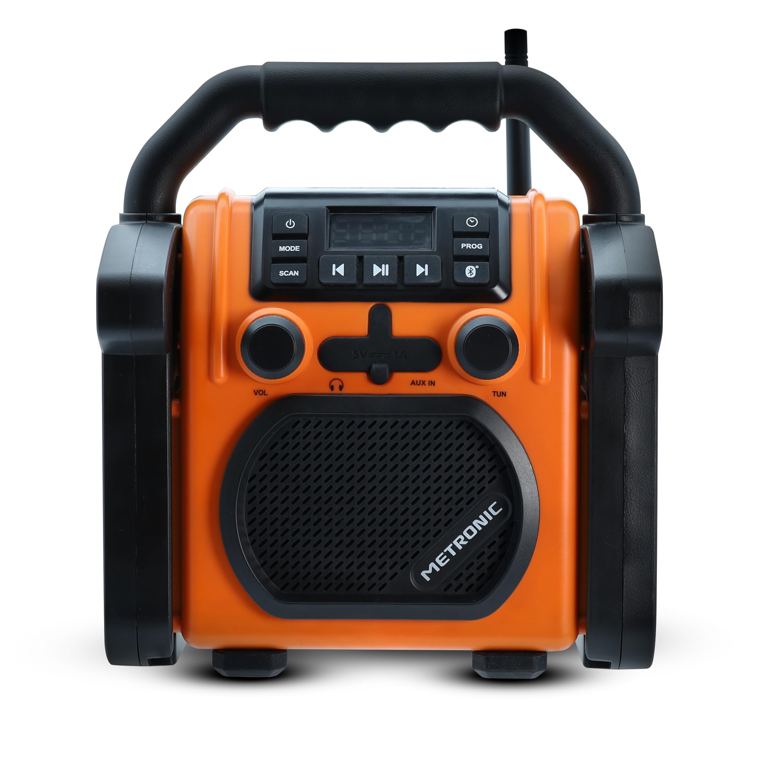 METRONIC 477227 Radio de Chantier FM Bluetooth avec Batterie Rechargeable de Secours - Robuste Résistante aux Chocs, à la poussières, aux éclaboussures - Orange