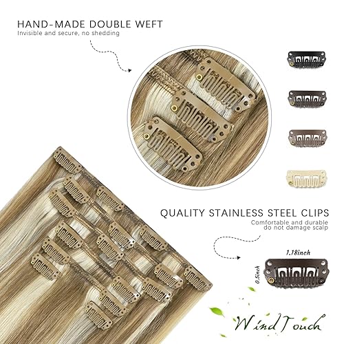Miniatura 7 de WindTouch - Extensiones de cabello humano Remy con pinzas color rubio decolorado combinado con balayage para cabello rubio 247onzas N 18P613