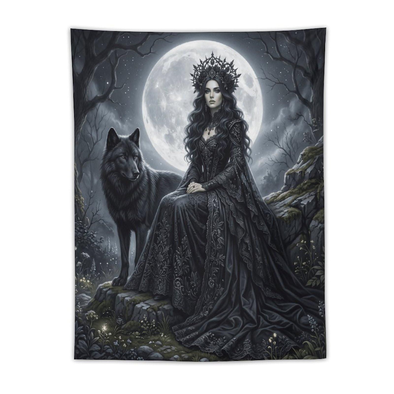 H3B8U2Y5 Dark Wolf Queen Forest Wall Tapestry, Realistic Illustration Style