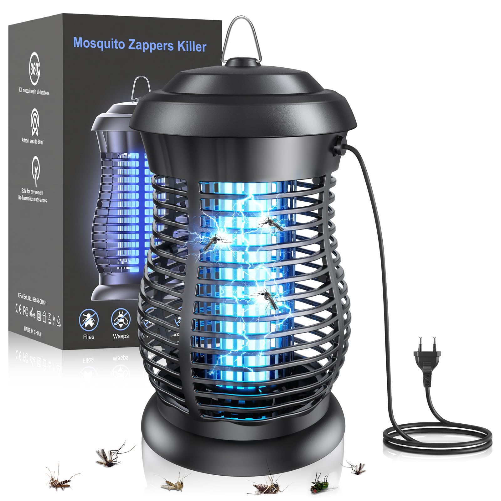 Lampe Anti Moustique Electrique, Tueur d'Insectes Électrique 4200V 20W UV,Appareil Anti Moustique à Lumière Bleue, Anti Insectes Répulsif Étanche IPX6 Efficace Portée 100m² pour Intérieur et Extérieur