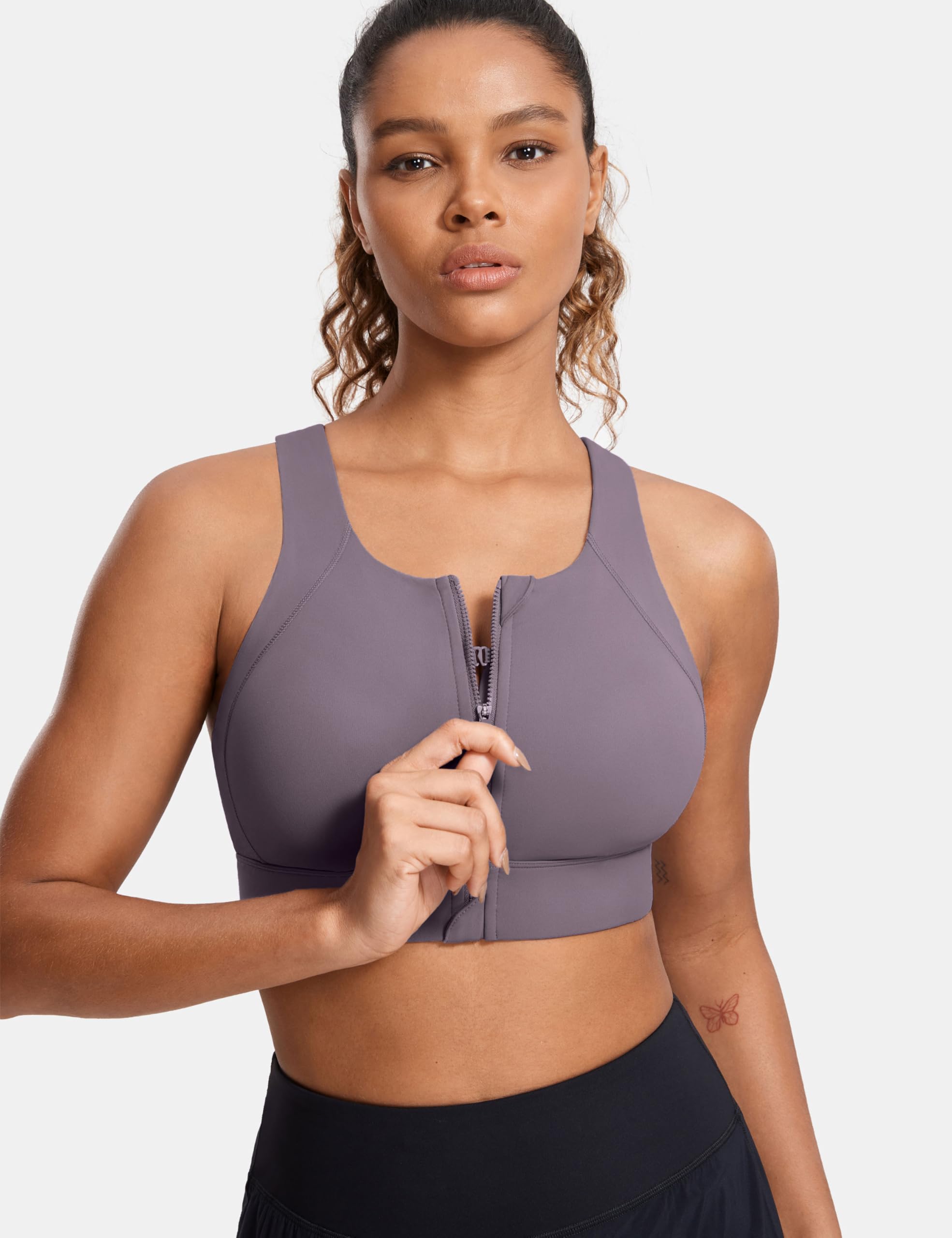 SYROKAN Biustonosz sportowy Criss Cross Back High Neck High Impact Zip Front Wireless Bras z podparciem i podnoszeniem