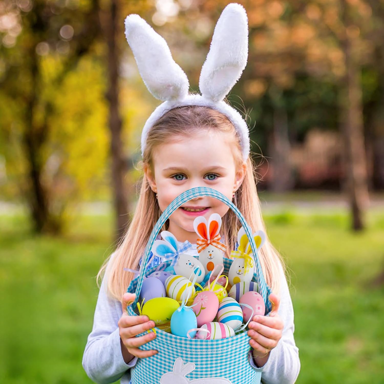 Bunny Easter Basket, Classic Gingham Easter Bucket Bag for Easter Egg Hunts Party Favor Decorations(Blue)