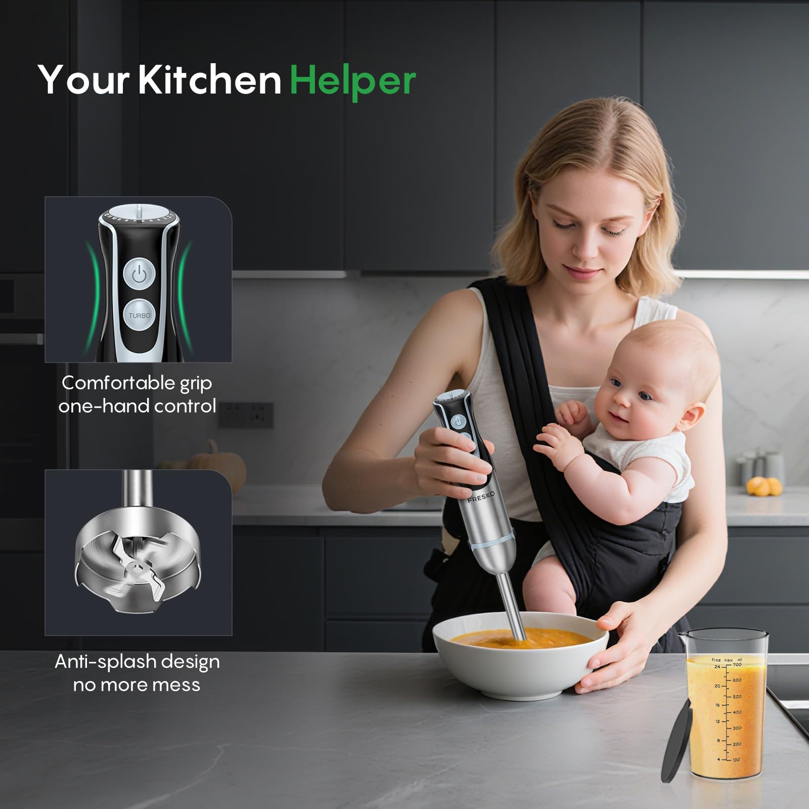Mellerware - SPIRO! Staafmixer 1000 W Vermogen. Roestvrij Stalen Messen. Regelbare Snelheid Met Turbo Functie Antispat Systeem Ergonomisch Red Core