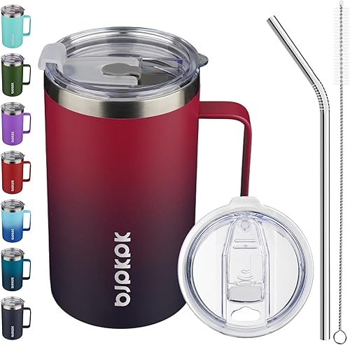 Miniatura 14 de BJPKPK Taza de café aislada con 2 tapas, vaso aislado de acero inoxidable de 25 onzas con asa, tazas de café de doble pared con aislamiento al