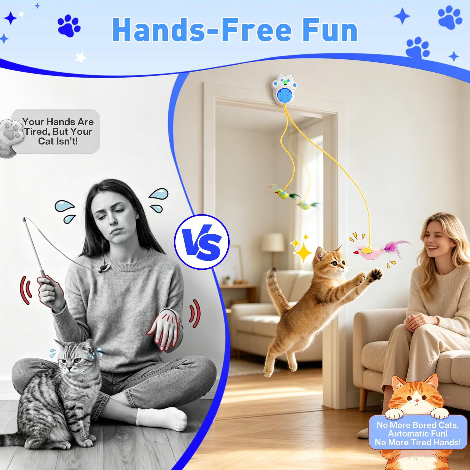 DoubleCare Juguetes interactivos para gatos de interior, juguete automático de plumas de pájaro volador para gatitos aburridos y gatos adultos, manos libres o de mano, azul