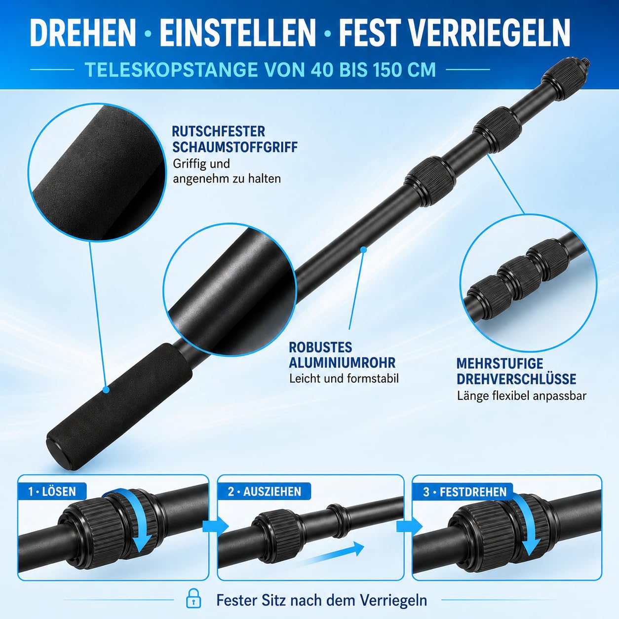 Motorrad-Halterung für Insta360 X5/X4/X3, 150 cm unsichtbarer Selfie-Stick | Doppelstütz-Klemmset mit 4 gepolsterten Rohrklemmen, 2 Verbindungsarmen und 40–150 cm Teleskop-Selfie-Stick.