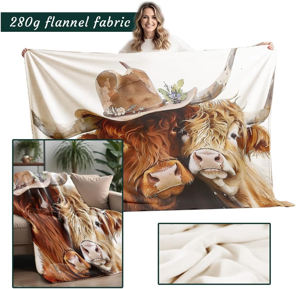 Printed Bed Blanket Highland Cow Gifts Throw Blanket Flannel Blanket Cattle Queen Size Farm Blanket for Country Farmhouse Animal Throws (49"x59") - Image 2