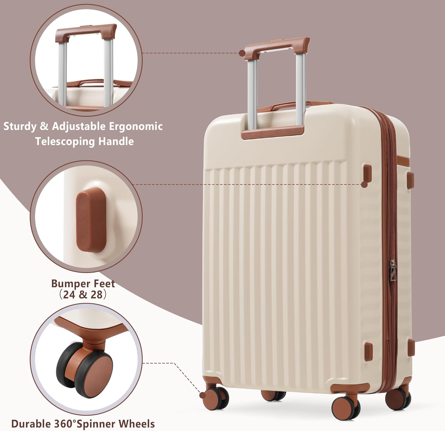 Merax Luggage Sets 2 Piece Front Opening, Hardside Lightweight Carry on Suitcase with USB Port,Durable Expandable Luggage with Bags Spinner Wheels and TSA Lock,White and Brown