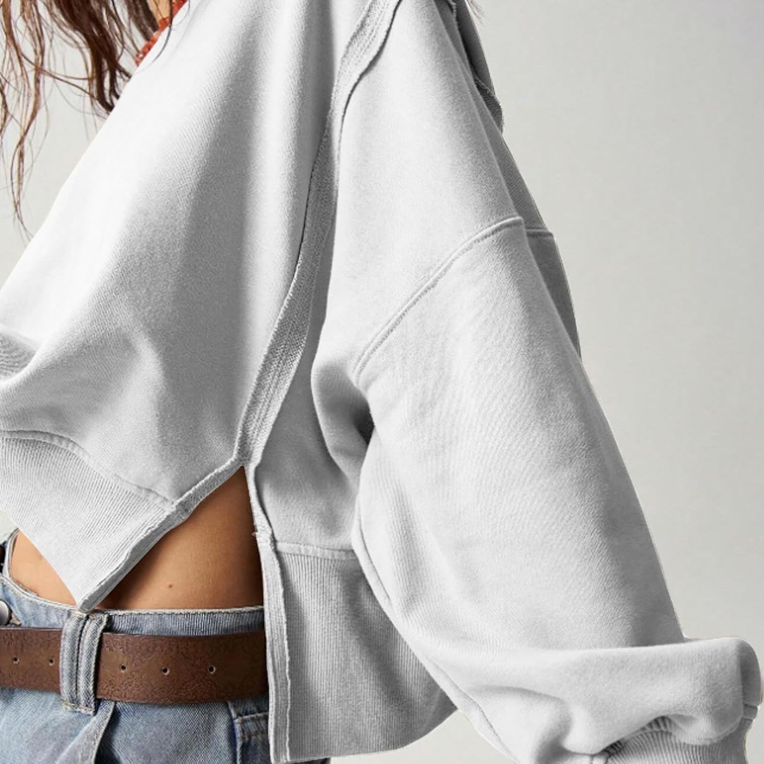 EGUGYDW Womens Crewneck Sweatshirts Cropped Long Sleeve Side Slit Loose Fit Teen Girls 2025 Fall Crop Pullover Tops - Image 3