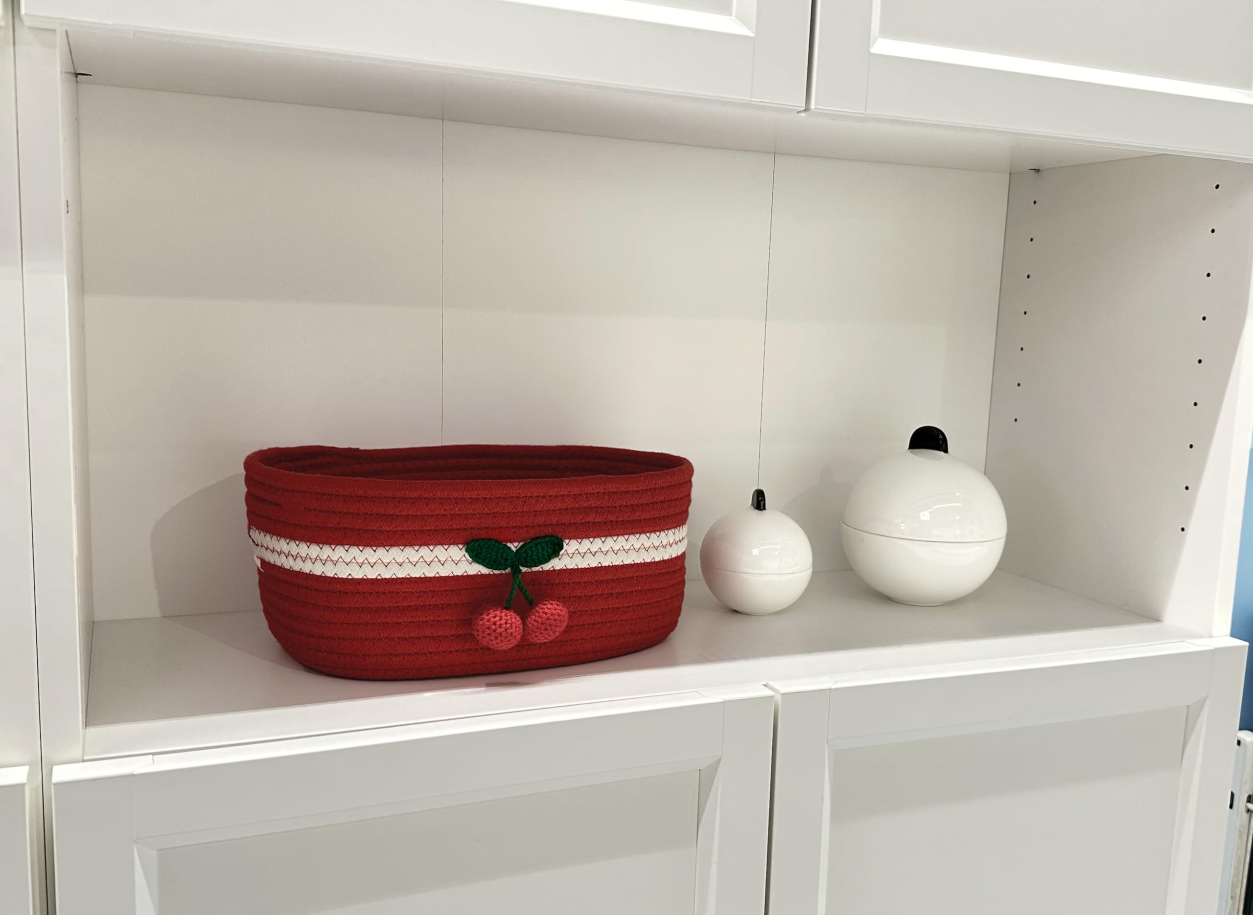 SHIANCE&LI Small Woven Basket Cute Cotton Rope with Handles Gift Oval For Storage Baby Dog Toy Room Basket 12"x 8" x 5" Decorative Basket(Cherry,S)