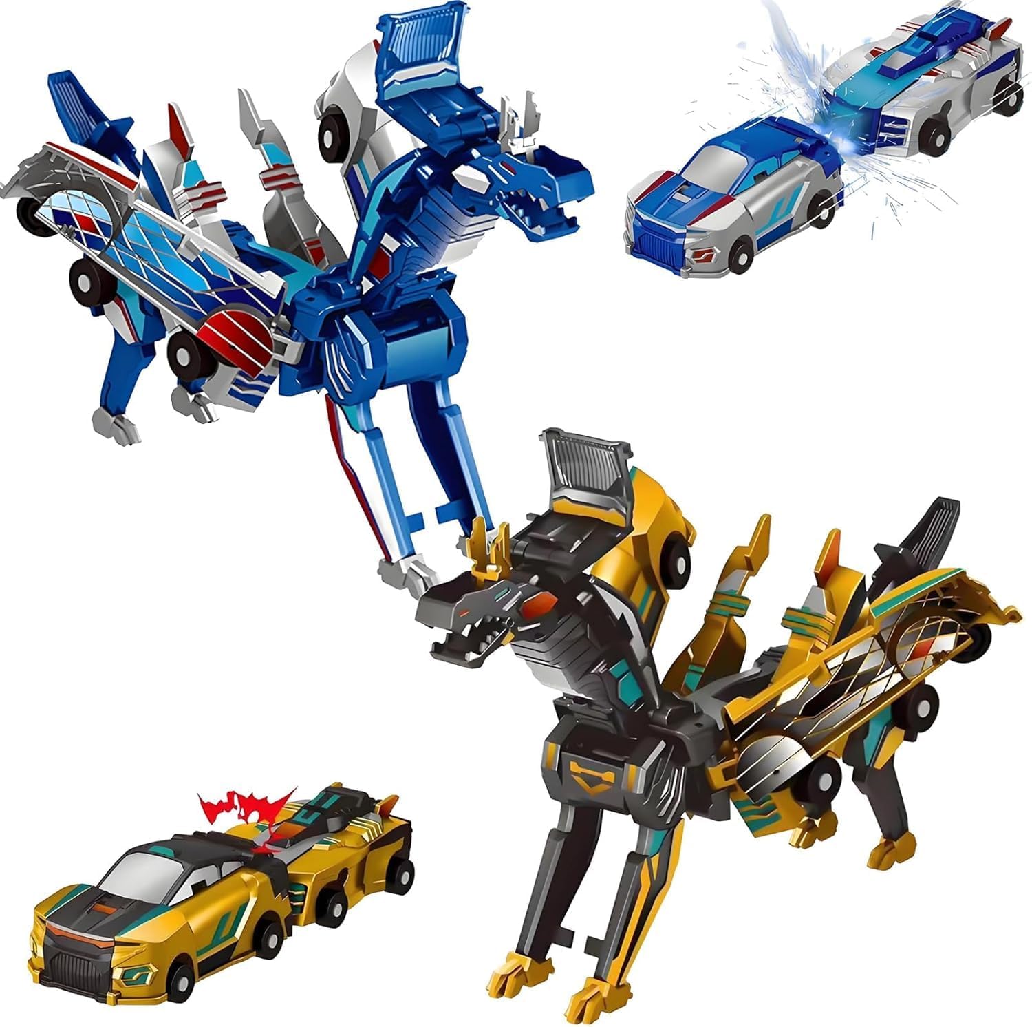 2PCS Dinosaur Transforming Car Toy, Magnetic Cars Transform into Dinosaurs, Fun - Collision Transformation Car Toys for Boys & Girls, Party Favors Gift for Birthday, Christmas (Colorful)