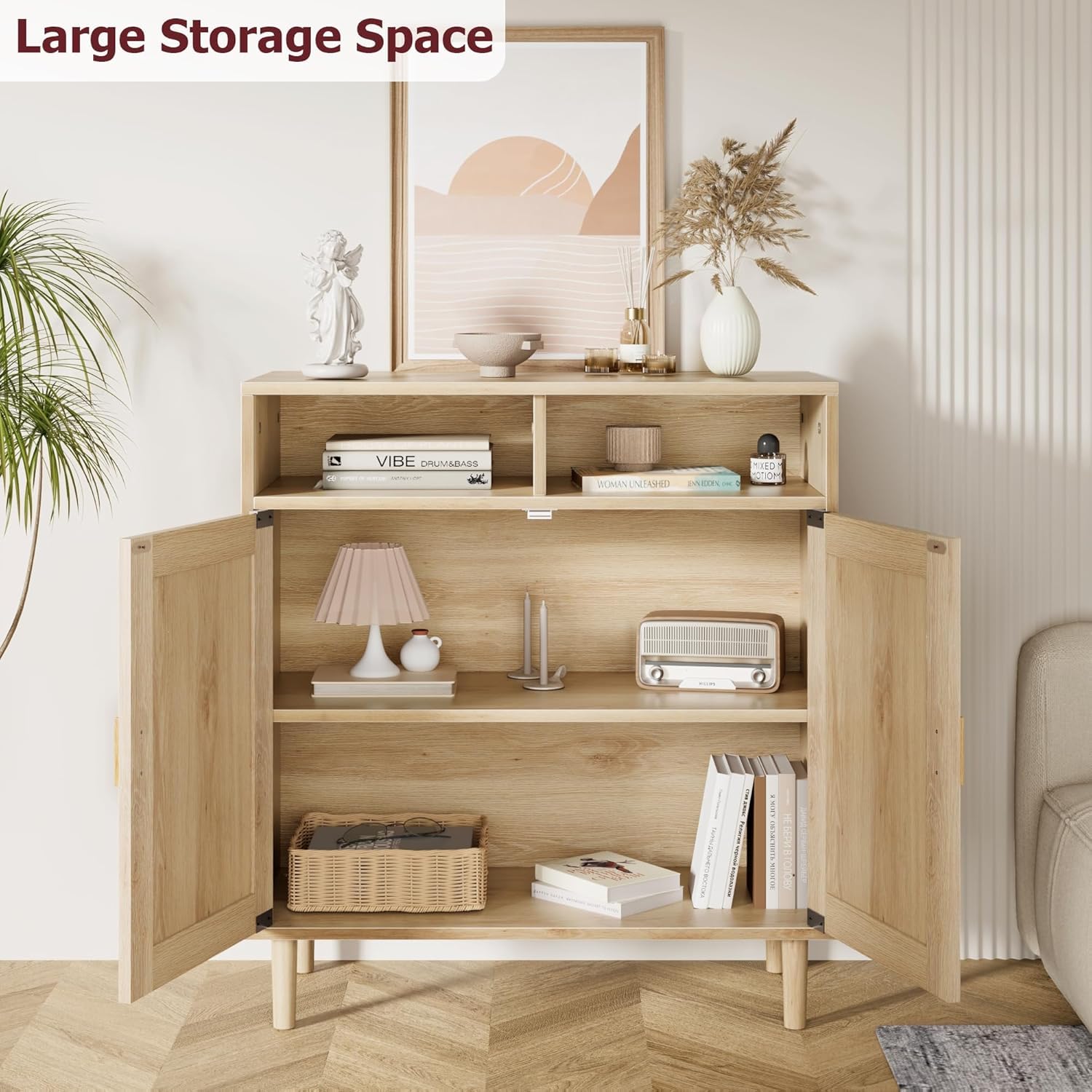 Litake Sideboard Rattan, 80x 92x 40 cm Anrichte mit 2 Offenem Fach & 2 Rattan Türen, Kommode Holz Buffetschrank Aufbewahrungsschrank Konsolentisch Kaffeebarschrank TV-Ständer,Natur