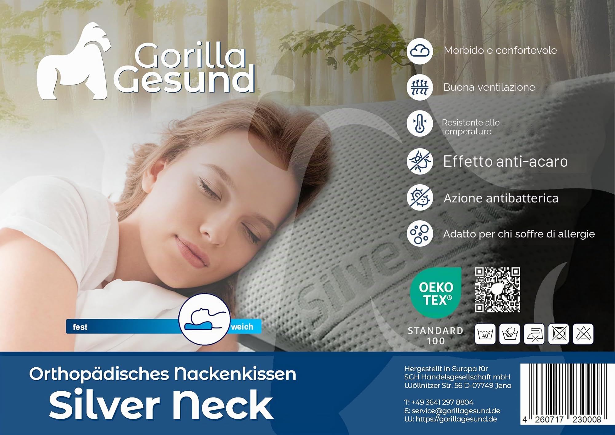 Cuscino ortopedico per cervicale, con collo argentato, cuscino viscoelastico, in memory foam con rivestimento Silver & Life, 70 x 34 cm, altezza 12 cm
