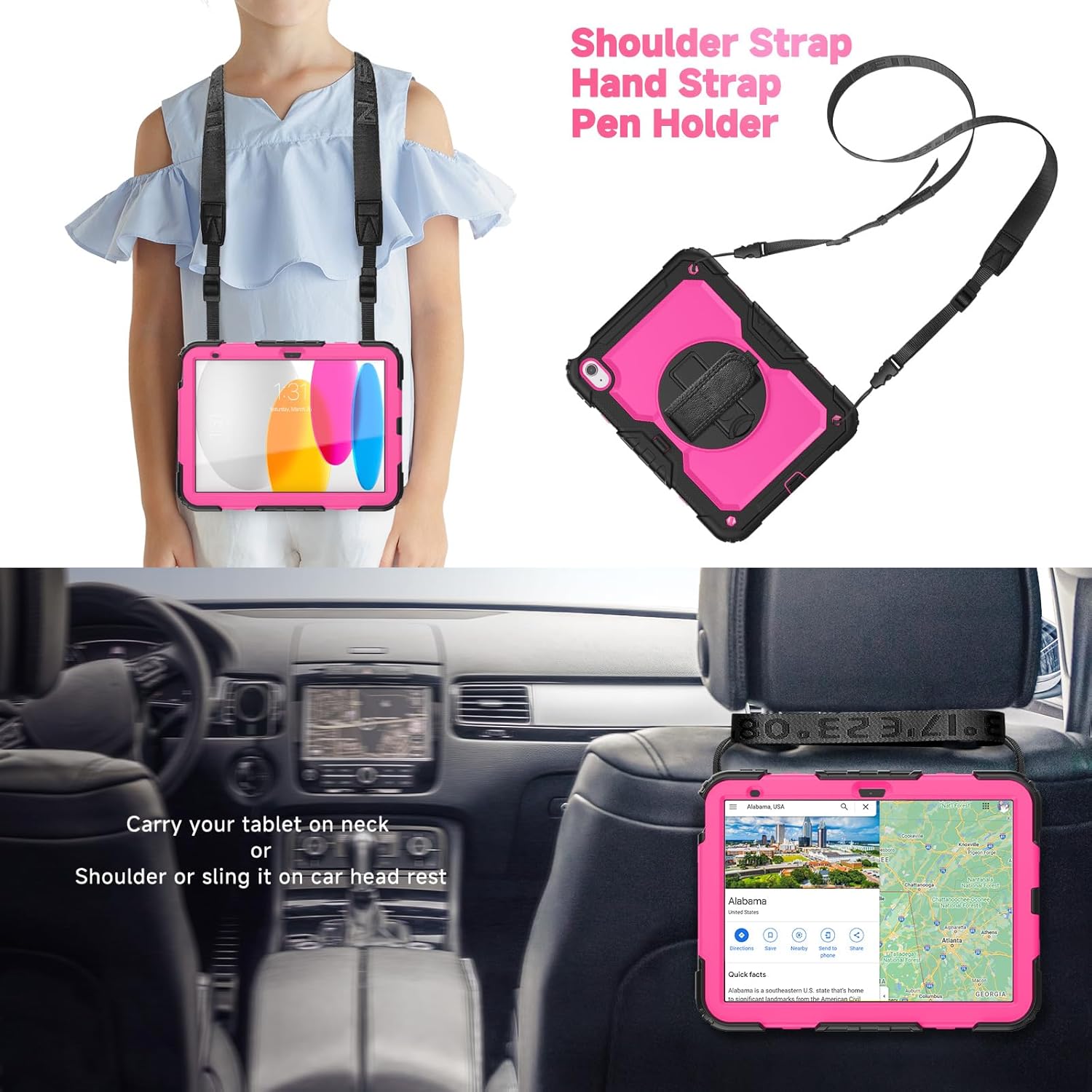 SIBEITU Case for iPad 11th(A16) 2025 & 10th Generation 10.9 inch 2022 with Screen Protector, 3 Layer Shockproof Rugged Protective Case for iPad 11-inch/10th Gen Cover w/Stand & Shoulder Strap, Rose
