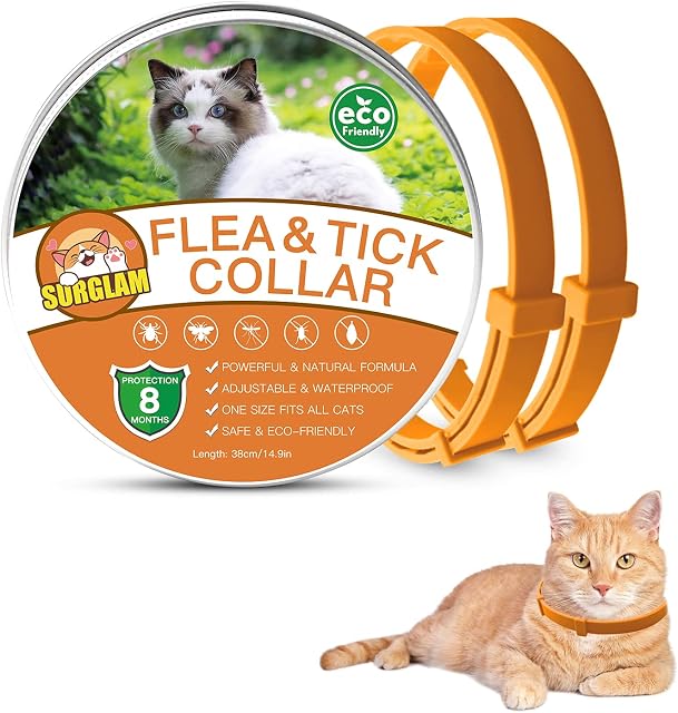 Cat Flea and Tick Collar, Flea Treatment Cat, 8 Months Effective Protection Waterproof Adjustable Cat Flea Collar Natural Safe Flea Tick Treatment for Kittens Cats Puppies Orange 15.7 Inches Long