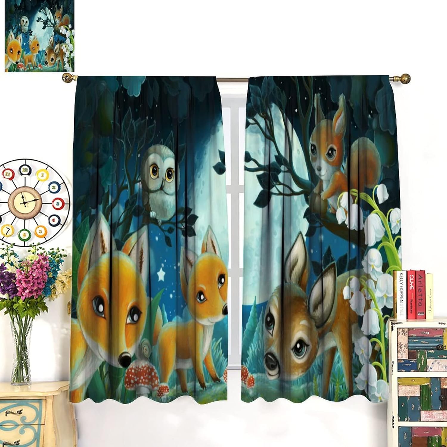 Cartoon Forest Animal Curtains for Kids,Night Rustic Woodland Cute Wild Animal Deer Fox Owl Print Nursery Baby Boy Girl Bedroom Décor Living Room Polyester Fabric Window Drapes 2 Panel Set 42" x 63"