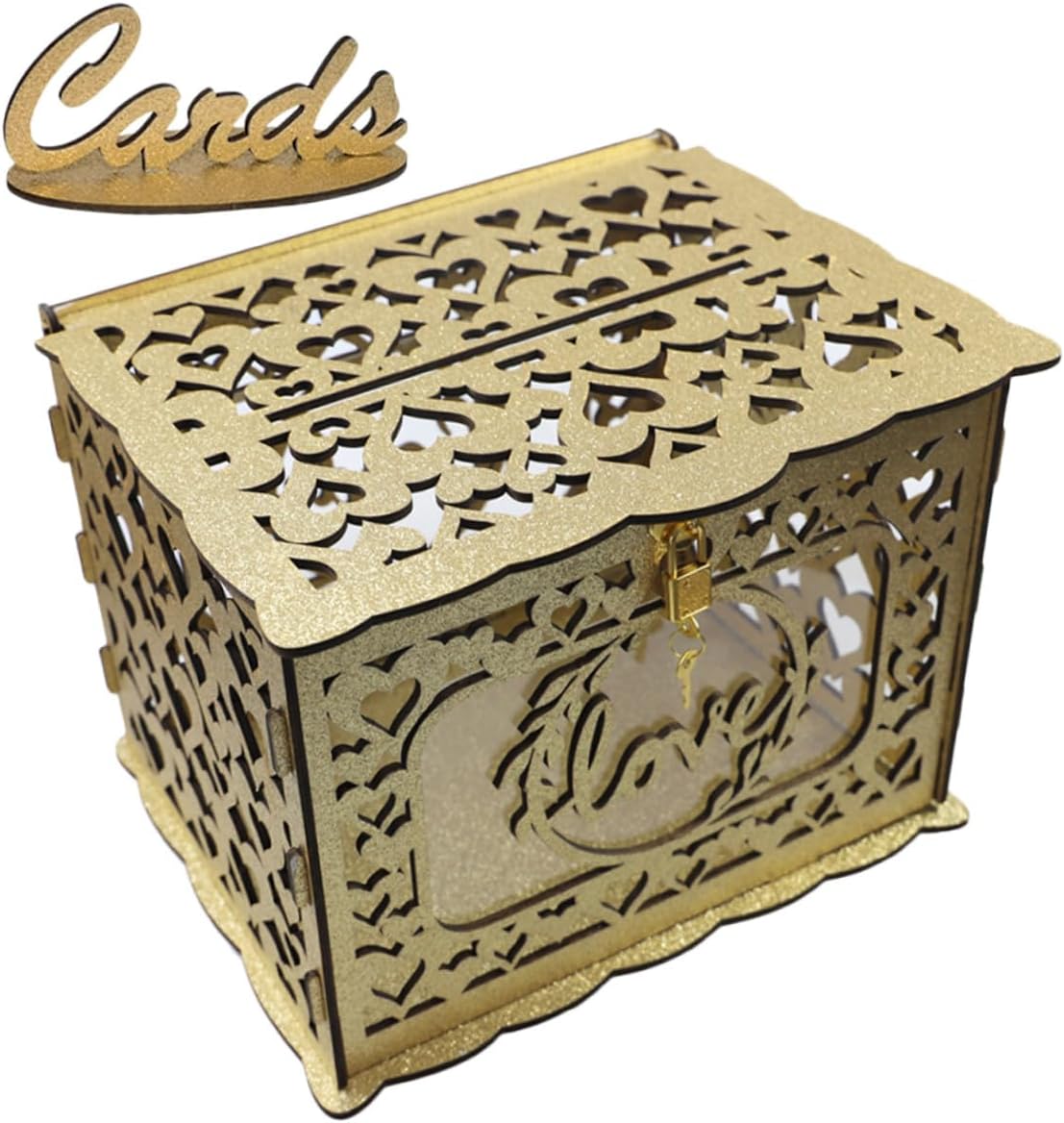 Gadpiparty Wooden Hollow Greeting Card Box with Glitter Square Envelope Money Card Holder for Party Decorations