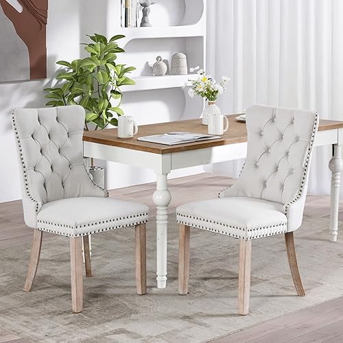 Miniatura 1 de SoarFlash Juego de 2 sillas de comedor de tela de lino, sillas de comedor tapizadas con ribete de cabeza de clavo y patas de madera de color claro