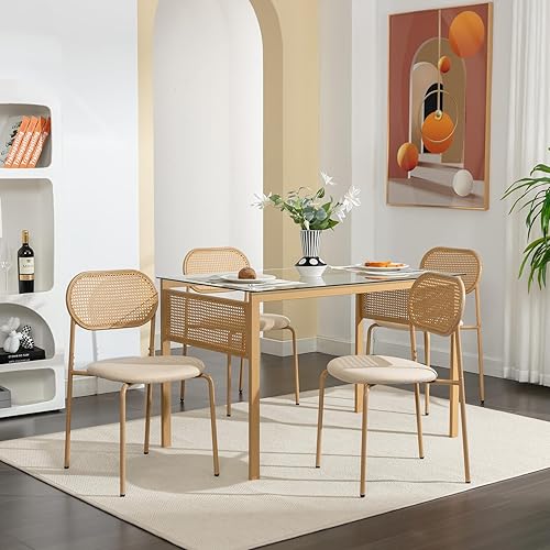 Miniatura 9 de COSVALVE Juego de 6 sillas de comedor bohemias, sillas de comedor tapizadas de caña con respaldo de ratán, patas de metal, para cena, sala de estar,