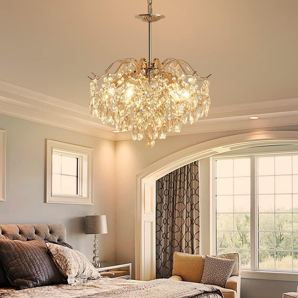 AGV LIGHTING CH012S K9 Crystal Chandelier, 6-Lights Modern Pendant Light Fixture for Living Space, Clear Crystal & Chrome Finish Frame