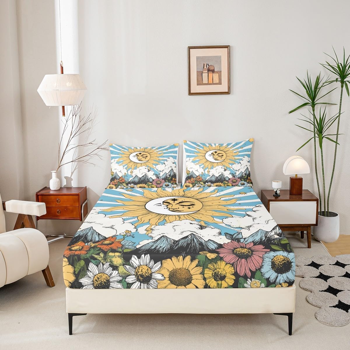 Erosebridal Sun and Moon Sheet & Pillowcase Sets Boho Bohemian Hippie Bed Sheets Moon Phase Print Sheet Set Queen Geometric Striped Sheets Sunflower Daisy Bedding Retro Decor with 2 Pillowcases