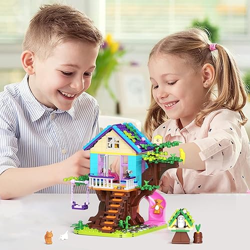 Miniatura 6 de Bloques de construcción para niñas, juguete de construcción STEM de casa de árbol, ladrillos de construcción de casas forestales con columpio y