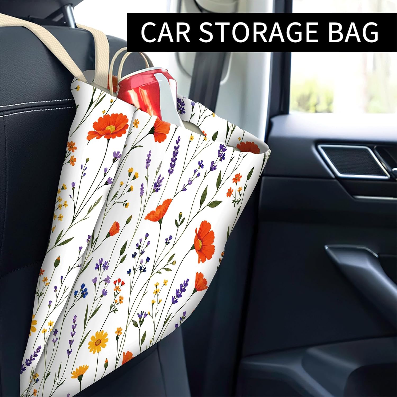 Car Trash Can, Cute Car Trash Bag, Hanging Car Organizer and Storage Bag, Trash Bin for Car Accessories, Vehicle, Travelling, Camping Wildflower Meadow image 2