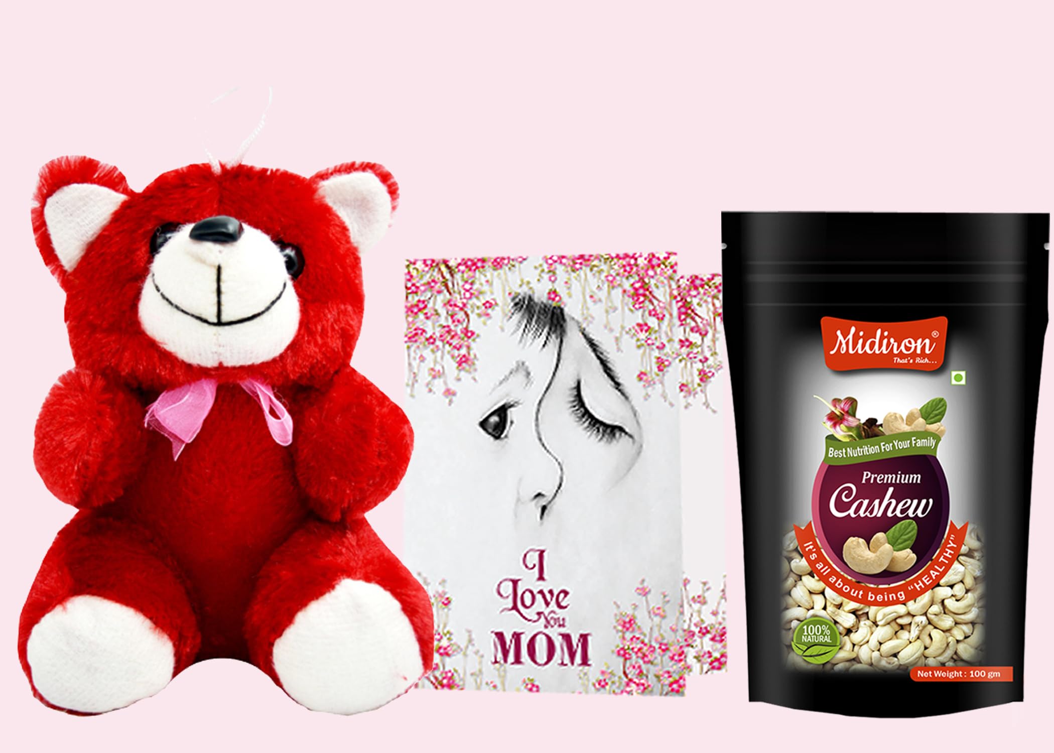 Midiron Natural & Crunchy Cashew gift Combo| Natural Dried Cashew 100g Pack Pouch |mother's day hamper, Mom Birthday Gifts| Nutritious & Delicious High with greeting Card, Red Teddy-image-29