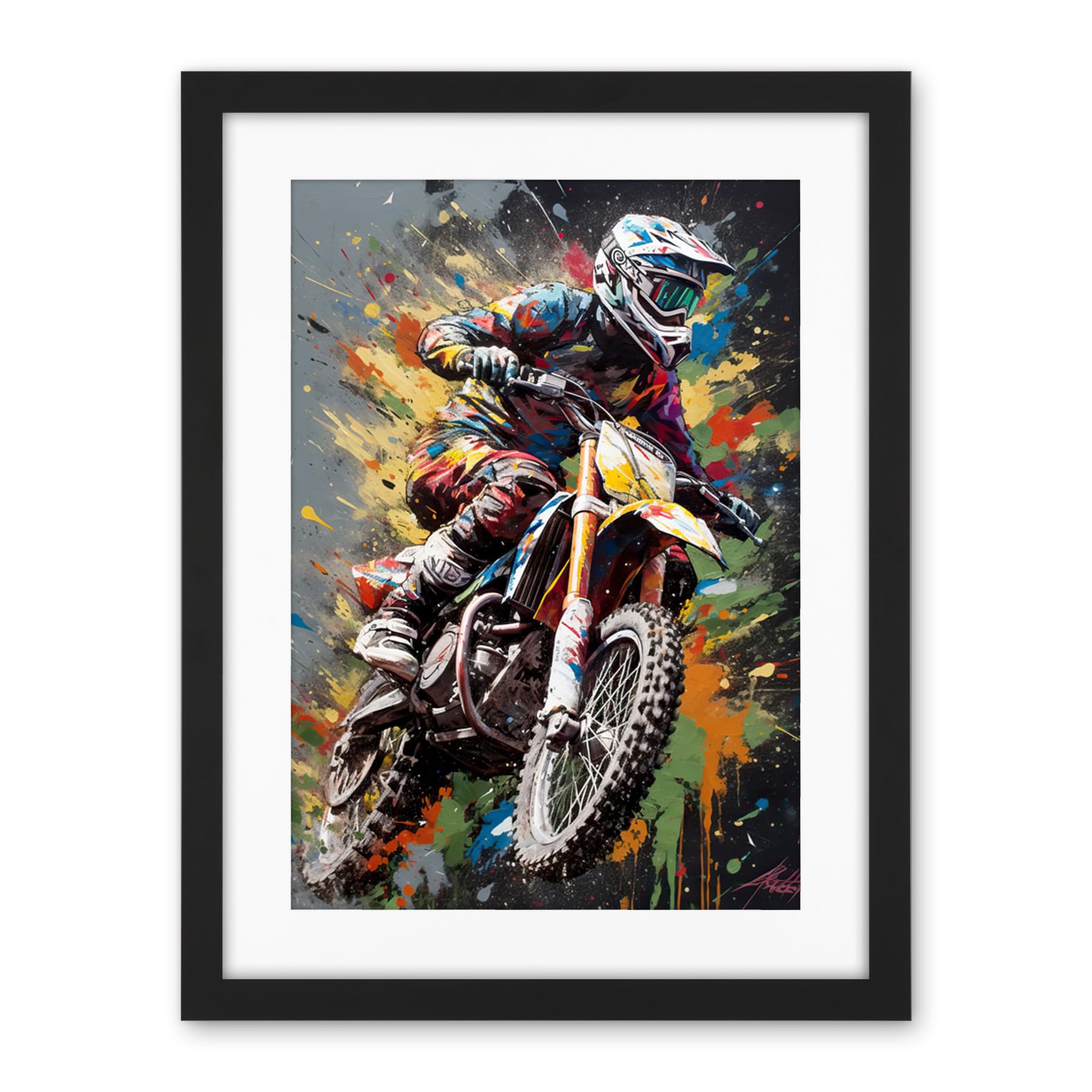 Artery8 Dirt Bike Sport Splatter Paint Motocross Rider Artwork Framed Wall Art Print 18X24 Inch