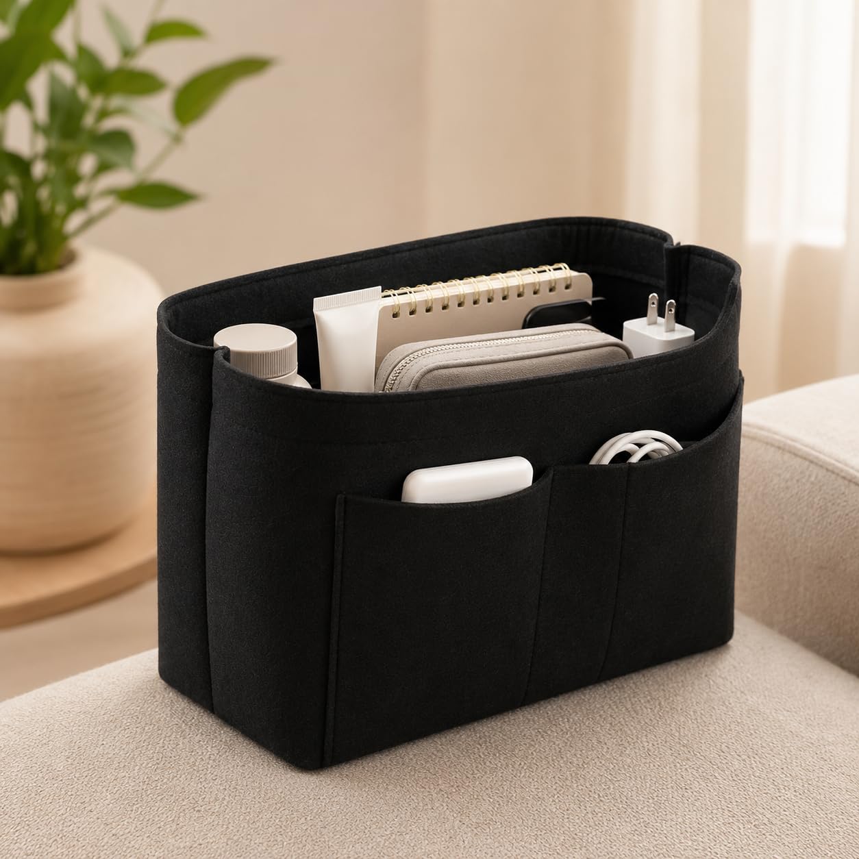 SYUTAM Women Felt Purse Organizer Insert for Ladies Handbag, Tote, Hobo Bag Storage & Purse Divider, Multiple Storage Compartment - Black (13.8x3.35x5.9) inch (Slender L)-image-11