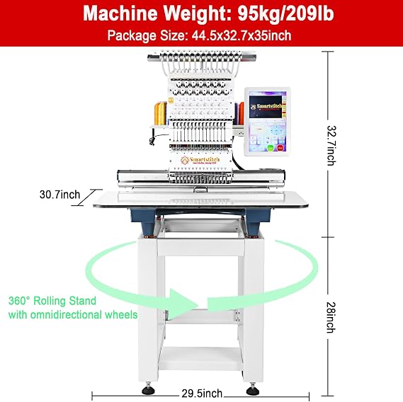 Smartstitch S-1501 Commercial Embroidery Machine with 15 Needles,14x20 Embroidery Area,1200SPM Max Speed,12 Touch Screen, Wifi available, capable of embroidering on 3D Caps, Flat, T-shirt and more