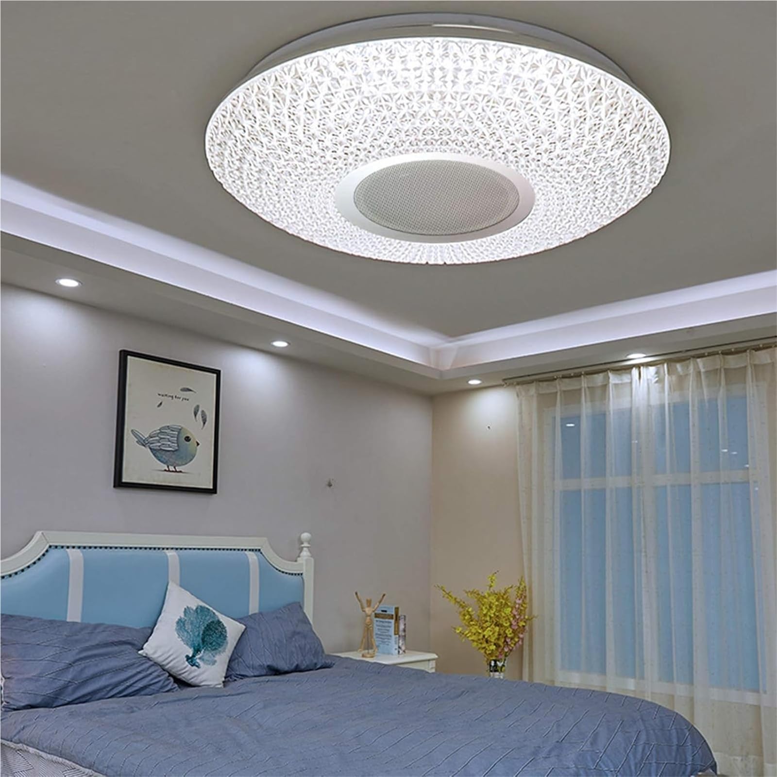 Kryształowa lampa sufitowa LED z pilotem zdalnego sterowania i aplikacją, nowoczesna lampa sufitowa RGB z 3 głośnikami Bluetooth, sypialnia, salon, łazienka, wodoodporny klosz z gwiaździstym niebem