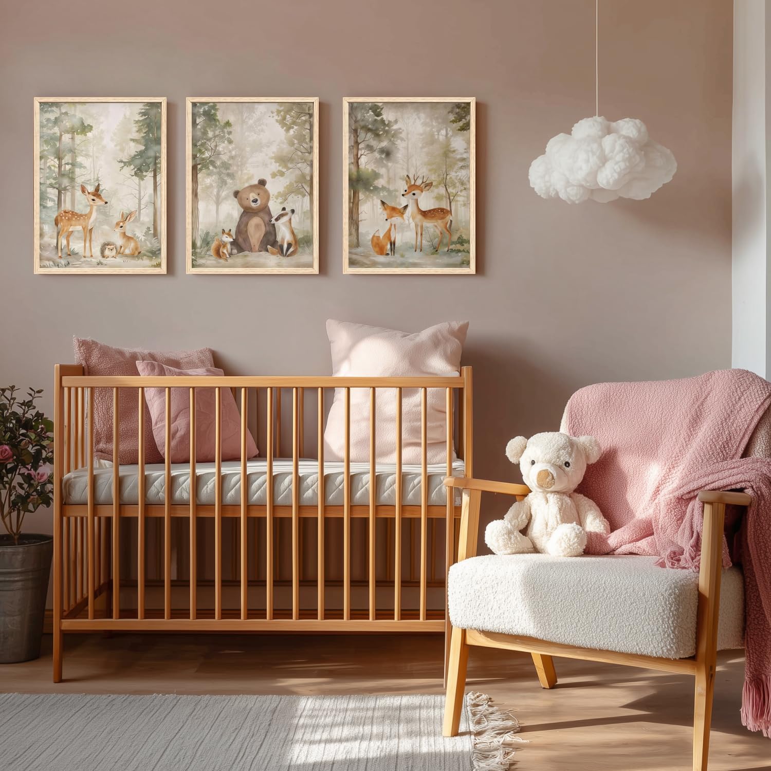 Cyebmo Woodland Animals Wall Art Set of 3, Baby Boy Wild Forest Animals Wall Decor, Deer Bear Fox Canvas Painting, Neutral Aesthetic Pictures for Kids Room Benroom Nursery Wood Framed 12"x16"x3