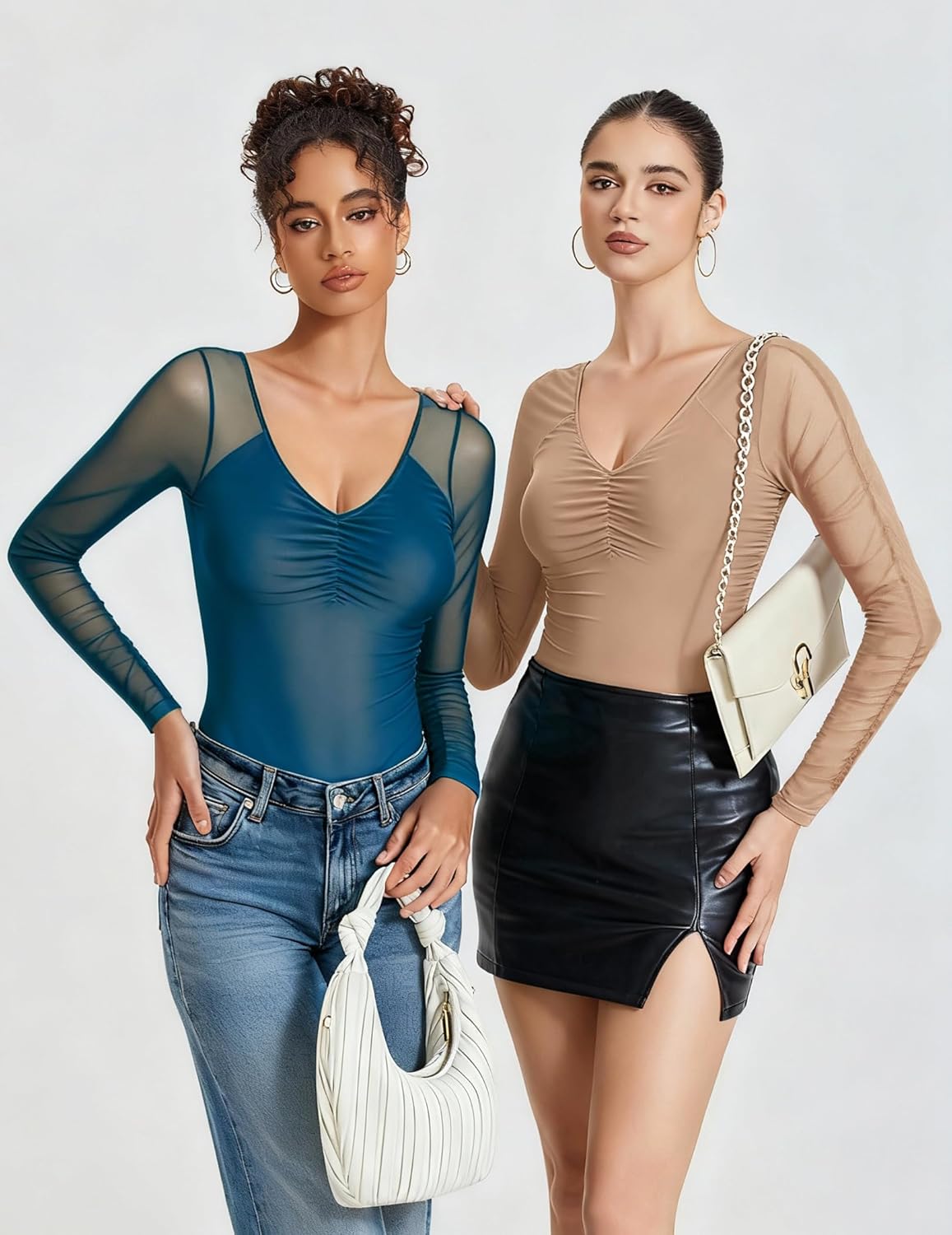 Avidlove Long Sleeve Bodysuit for Women Sexy V Neck Mesh Ruched Shapewear Body Suits Going Out Leotard Tops - Image 3