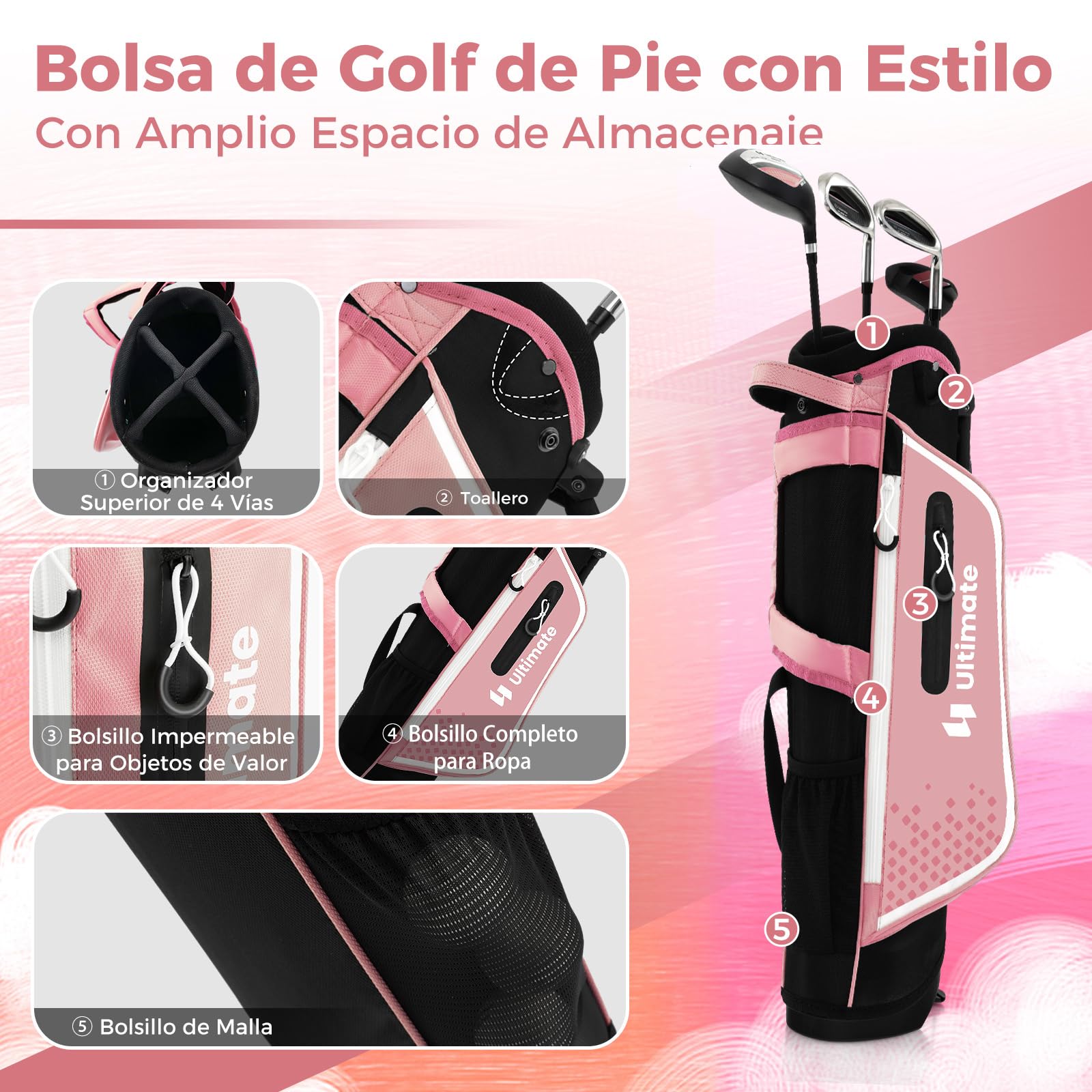 COSTWAY Juego de Palos de Golf para Niños de 8 a 10 Años, Incl. Bolsa de Soporte con Capucha para Lluvia, Driver n.º 1, Hierros y Putter n.º 7#S para Niños y Niñas, Diestros