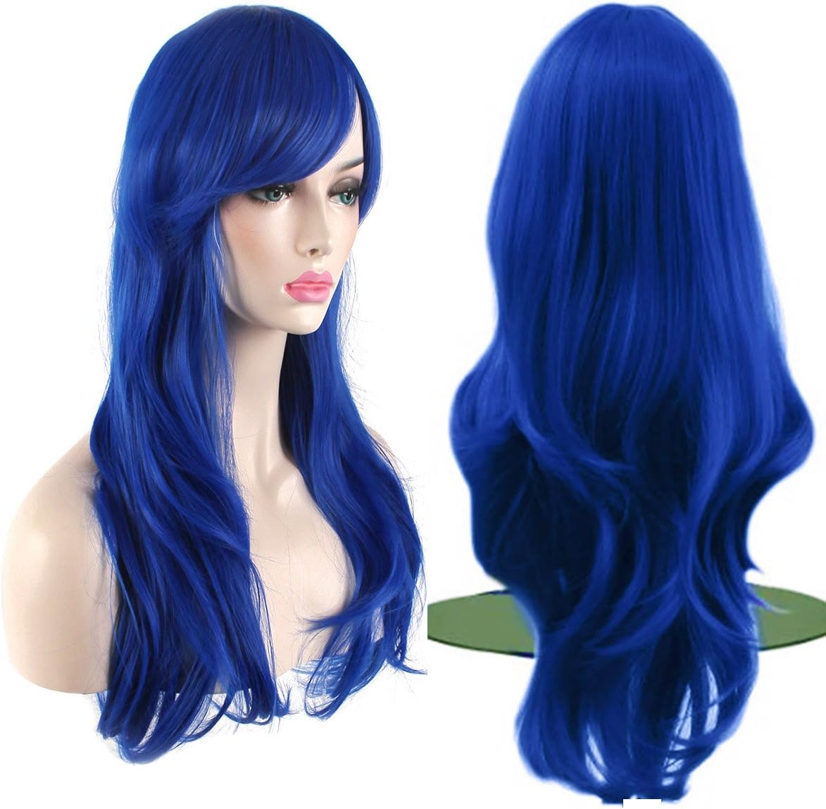 Bizzico AKStore Women's Heat Resistant 28-Inch 70cm Long Curly Hair Wig with Wig Cap, Blue