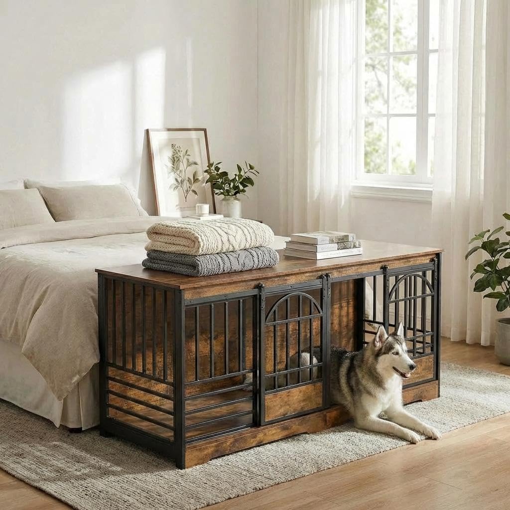 78" Extra Large Dog Crate Furniture for 2 Dogs, Double Wooden XL Indoor Kennel with Divider, Heavy Duty Farmhouse Dog Cage End Table TV Stand for Large Breeds – Cognac Brown